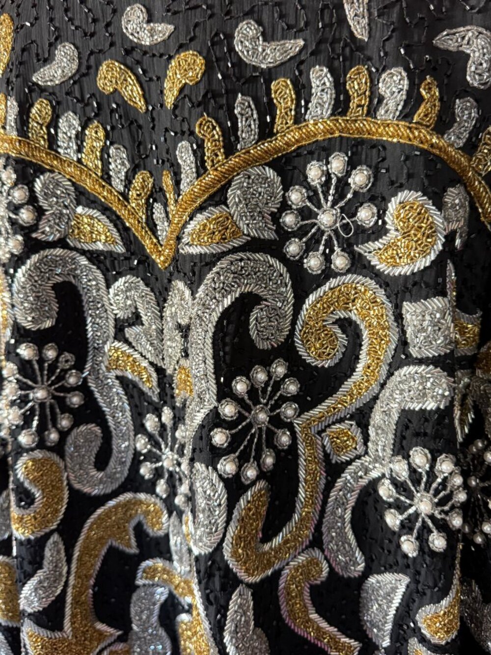 Vintage Laurence Kazar Beaded Silk Jacket, Black Gold Silver Jacket, Size L - Picture 6 of 12